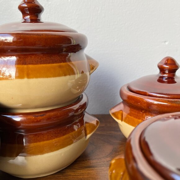 4 Ceramic Individual Pots Crocks Oven Baking Casserole Bean Onion Soup Taiwan - Picture 3 of 15